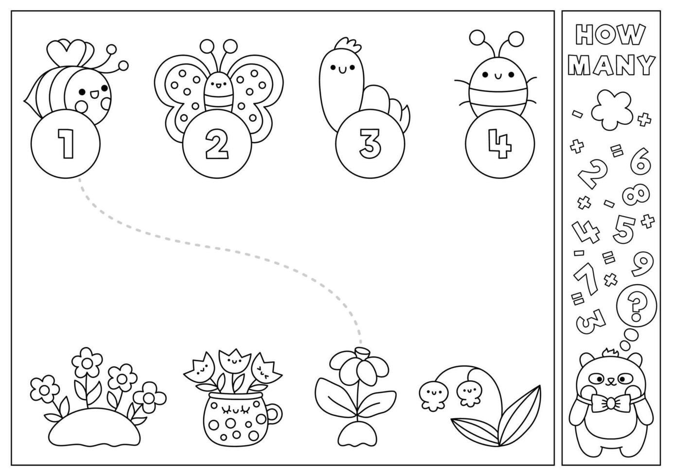 primavera negro y blanco pareo juego con linda kawaii flores y insectos elemental jardín matemáticas actividad para preescolar niños. educativo imprimible Pascua de Resurrección contando hoja de cálculo o colorante página vector