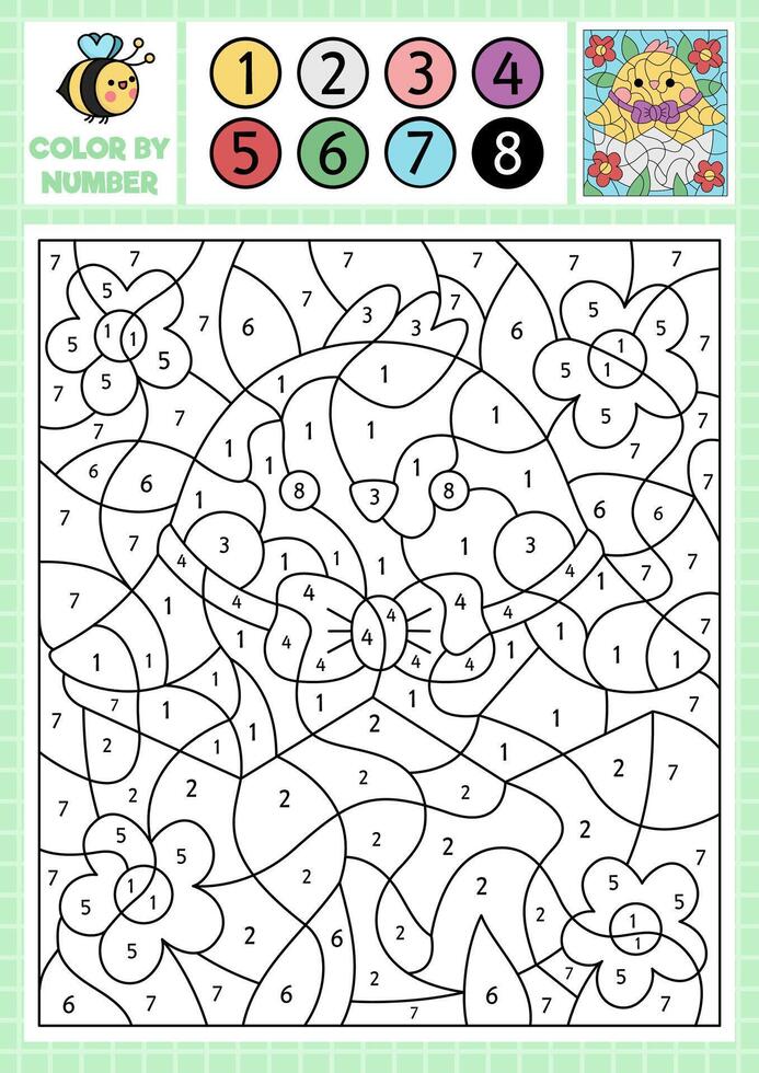 Vector Easter color by number activity with cute kawaii chicken in egg. Spring holiday scene. Black and white counting game with funny hatching chick. Garden coloring page for kids