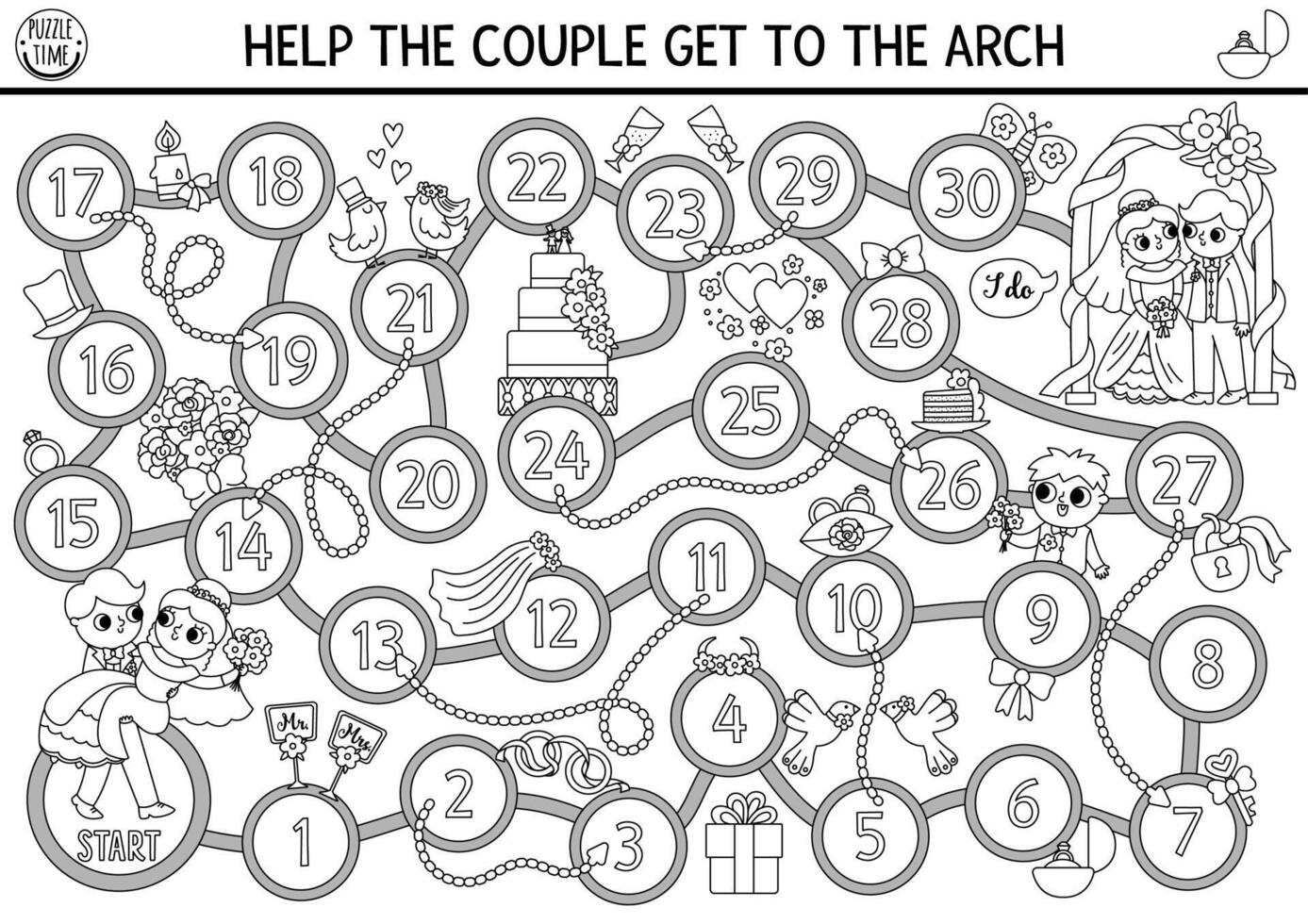 Wedding black and white dice board game for children with cute just married couple, bride, groom, arch. Marriage ceremony boardgame.  Matrimonial printable activity, coloring page vector