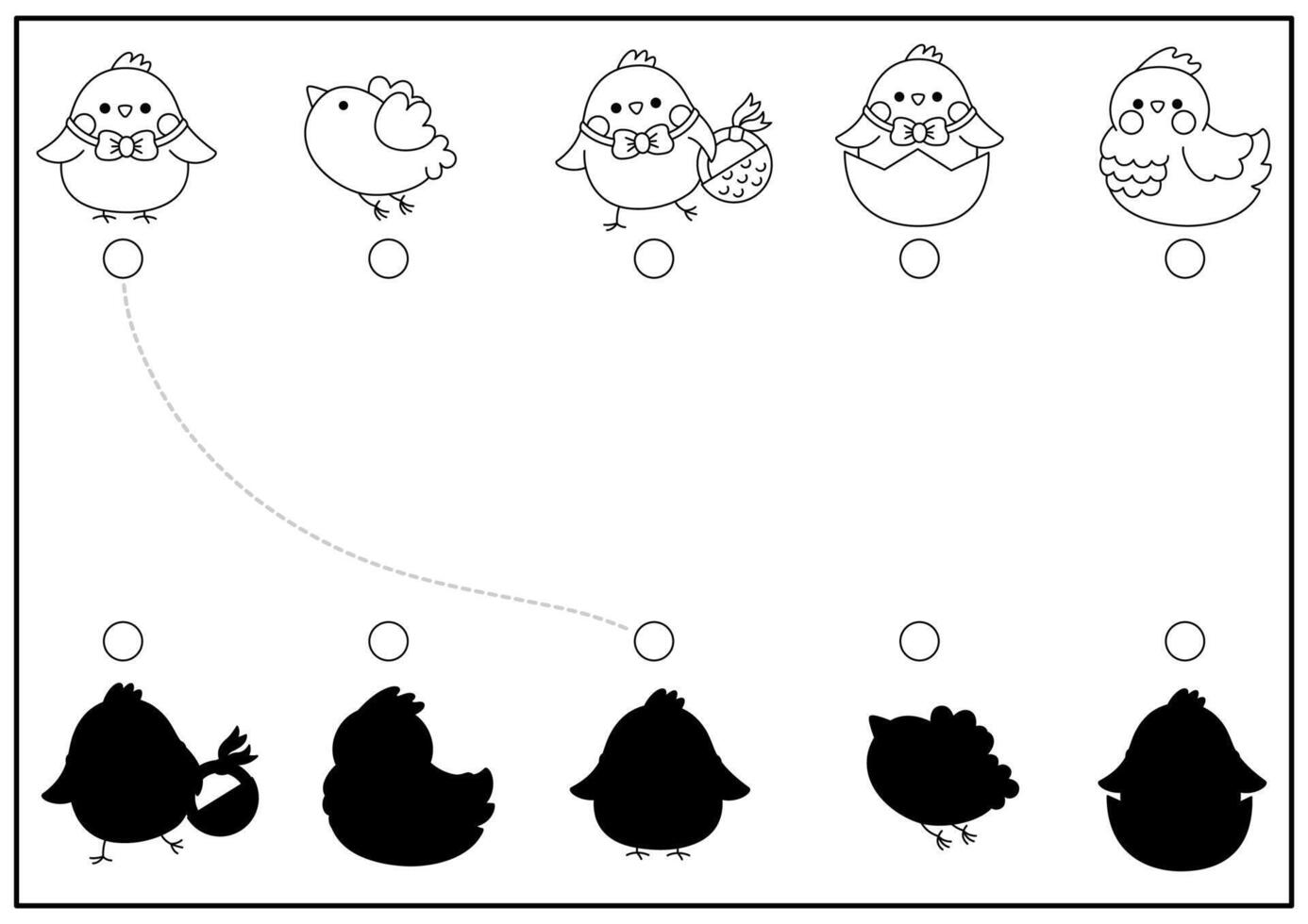 Easter black and white shadow matching activity with birds. Spring holiday shape recognition puzzle with cute kawaii animals. Find correct silhouette printable worksheet. Garden coloring page vector