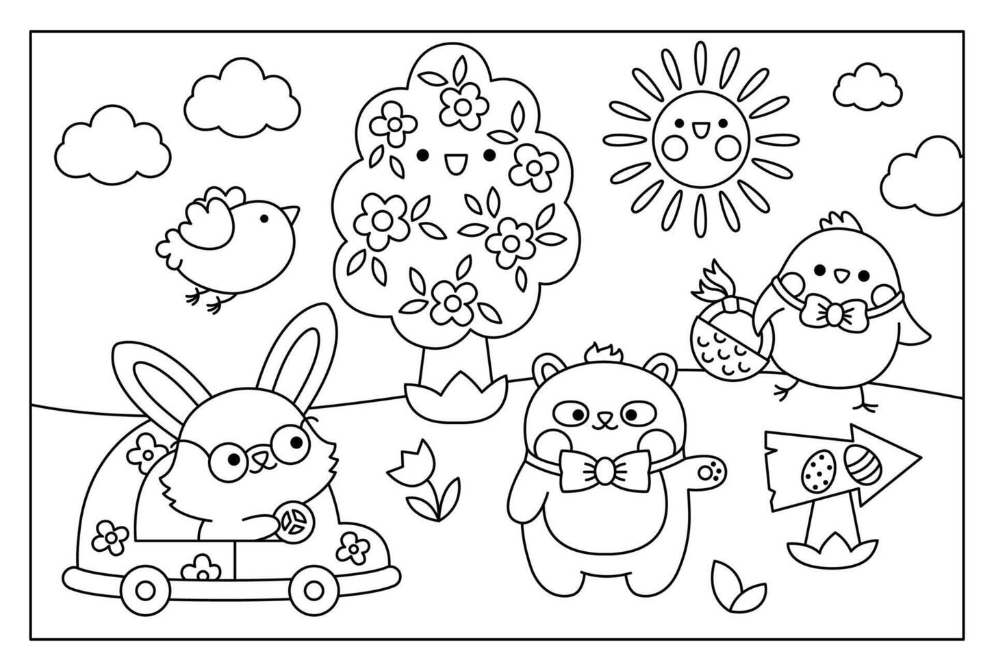 Vector black and white kawaii Easter scene with bunny on a car and chick with basket. Spring cartoon line illustration. Cute holiday egg hunt coloring page for kids with tree, bird, panda bear