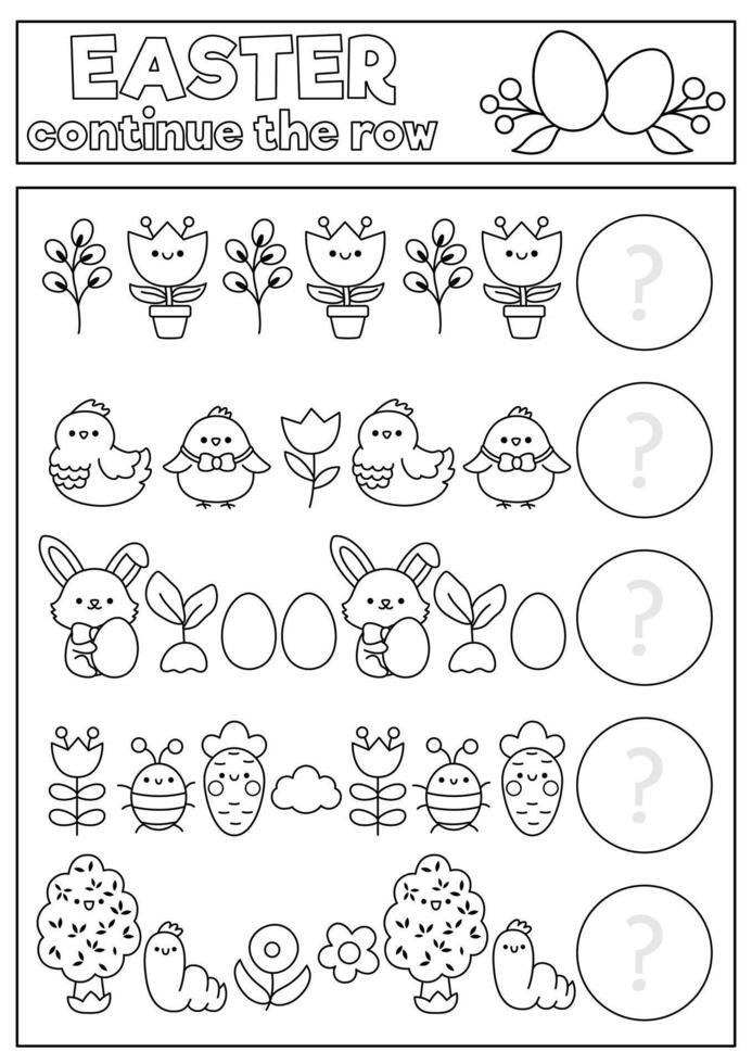 What comes next. Easter black and white matching activity for preschool children with holiday symbols. Funny kawaii puzzle. Spring logical worksheet. Continue the row coloring page vector