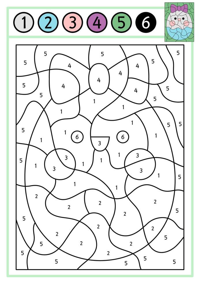 Vector Easter color by number activity with cute kawaii egg with bow. Spring holiday scene. Black and white counting game with funny traditional symbol. Garden coloring page for kids