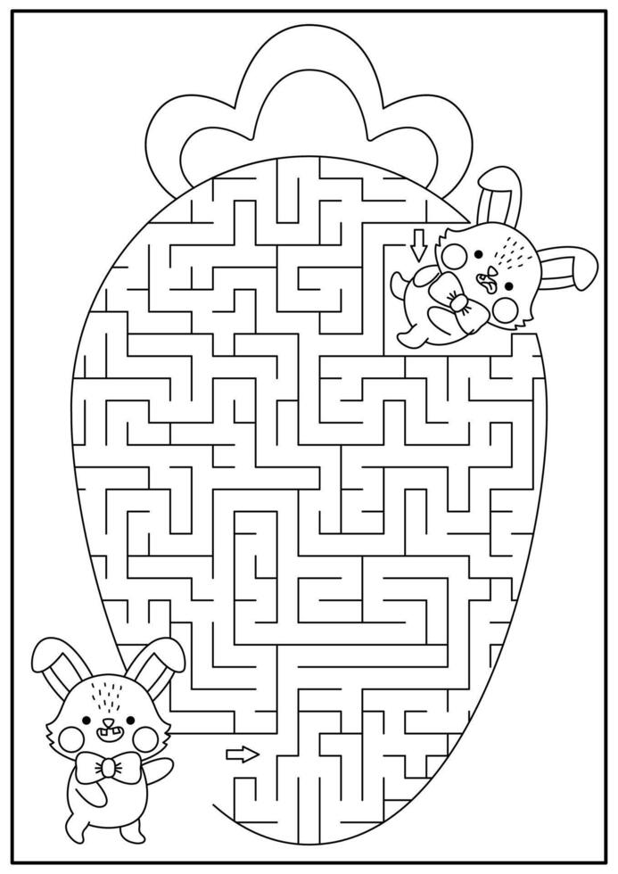 Easter black and white maze for kids. Spring holiday preschool printable activity with kawaii bunny eating big carrot. Geometrical labyrinth game, puzzle or coloring page with cute character vector