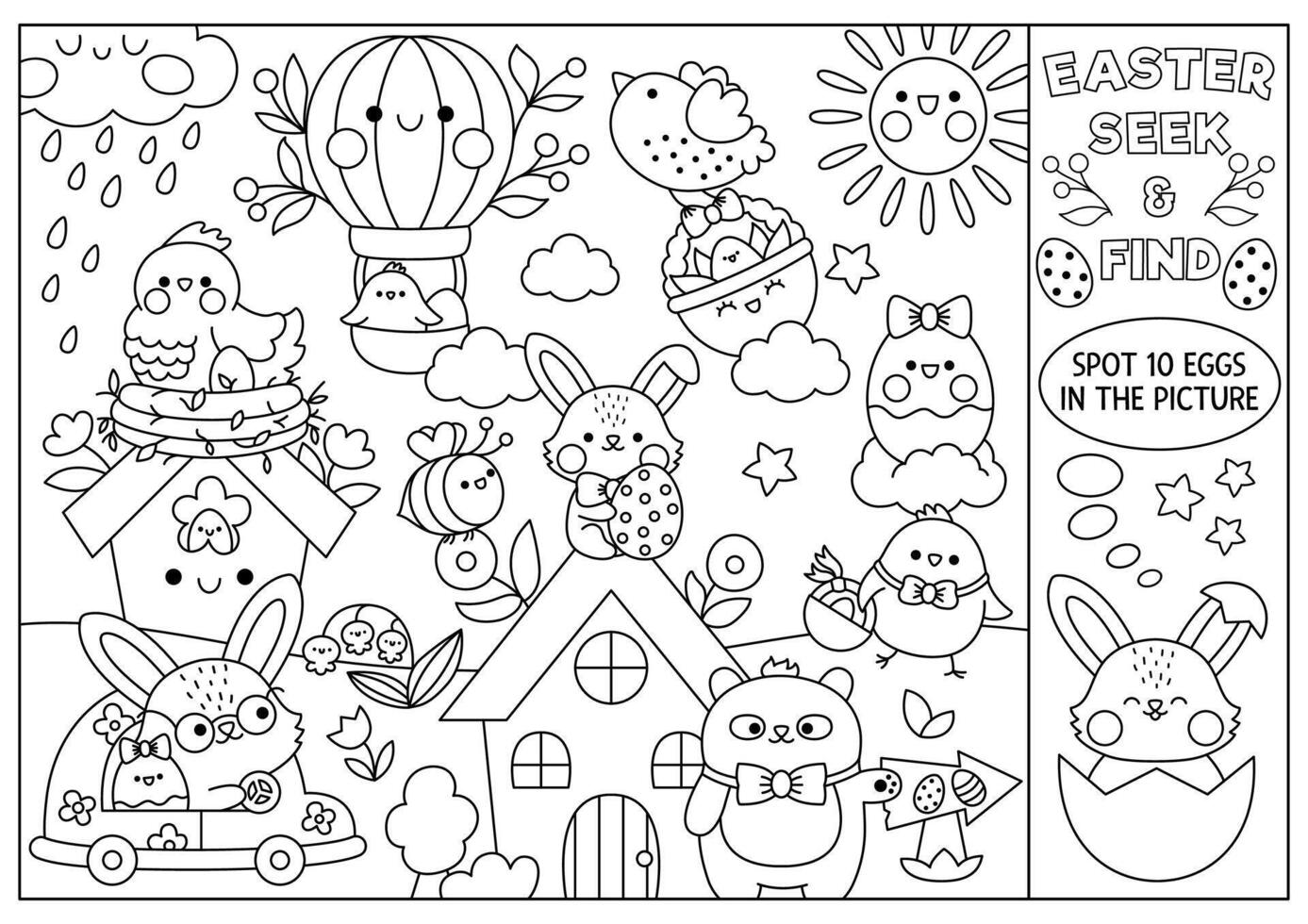 Vector black and white Easter searching game with country house and kawaii characters. Spot hidden objects. Simple spring holiday seek and find coloring page. Egg hunt activity with bunny