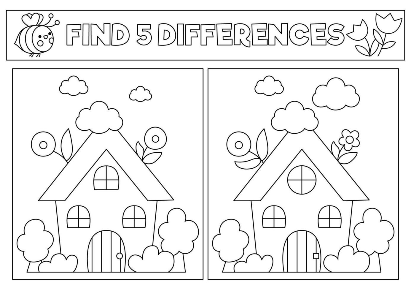 Garden black and white kawaii find differences game. Coloring page with cute country house. Spring holiday line puzzle for kids with funny cartoon cottage. Printable what is different worksheet vector