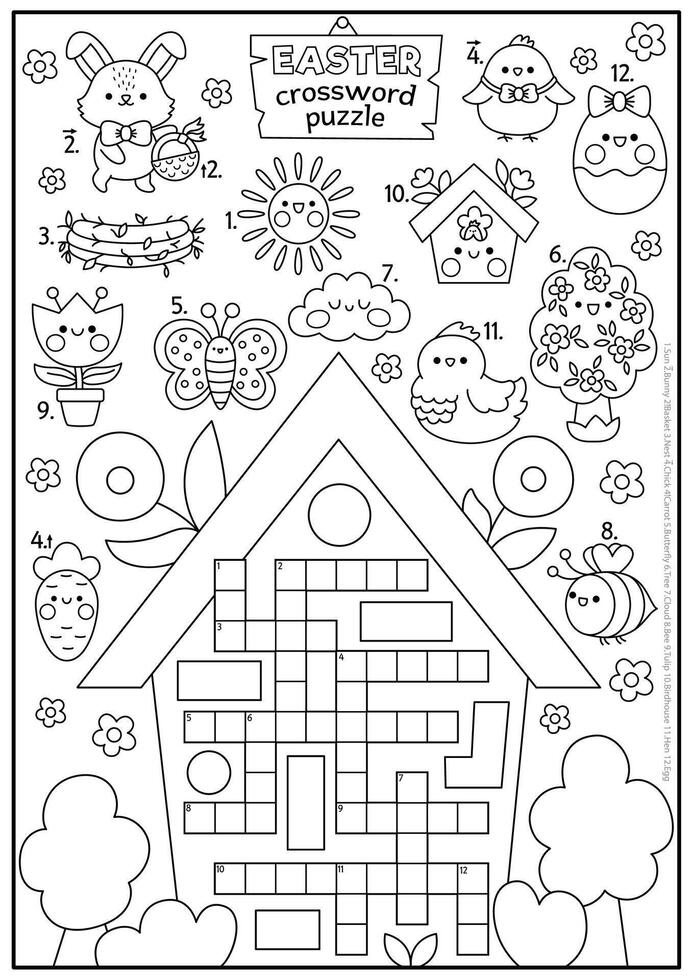 Vector black and white Easter country house shaped crossword puzzle for