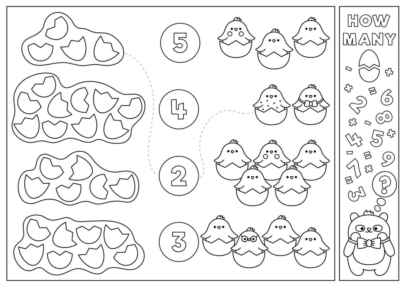 Pascua de Resurrección negro y blanco pareo juego con linda kawaii eclosión polluelos y huevo conchas primavera fiesta matemáticas actividad para niños. imprimible contando hoja de cálculo o colorante página con dibujos animados pollo aves vector