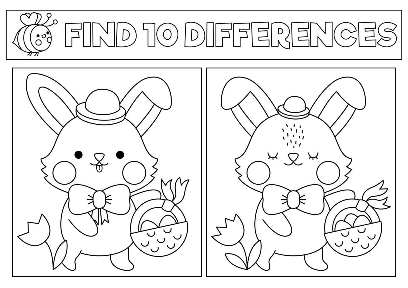 Easter black and white kawaii find differences game. Coloring page with cute bunny going on egg hunt with basket. Spring holiday puzzle or activity for kids. Printable what is different worksheet vector