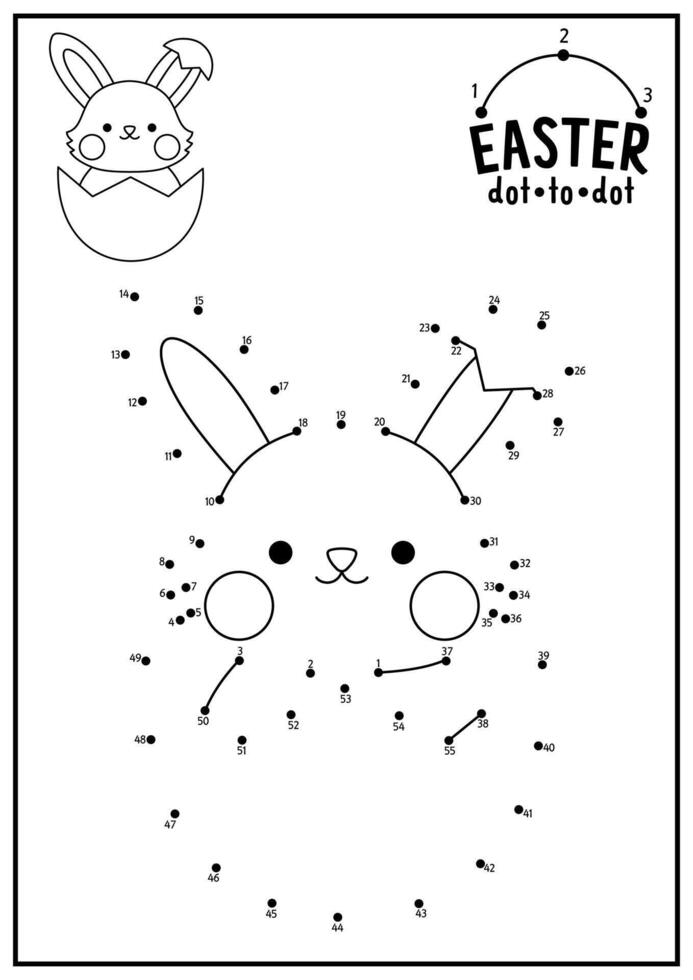 Vector Easter dot-to-dot and color activity with cute kawaii bunny in egg. Spring holiday connect the dots game for children. Garden coloring page for kids. Printable worksheet