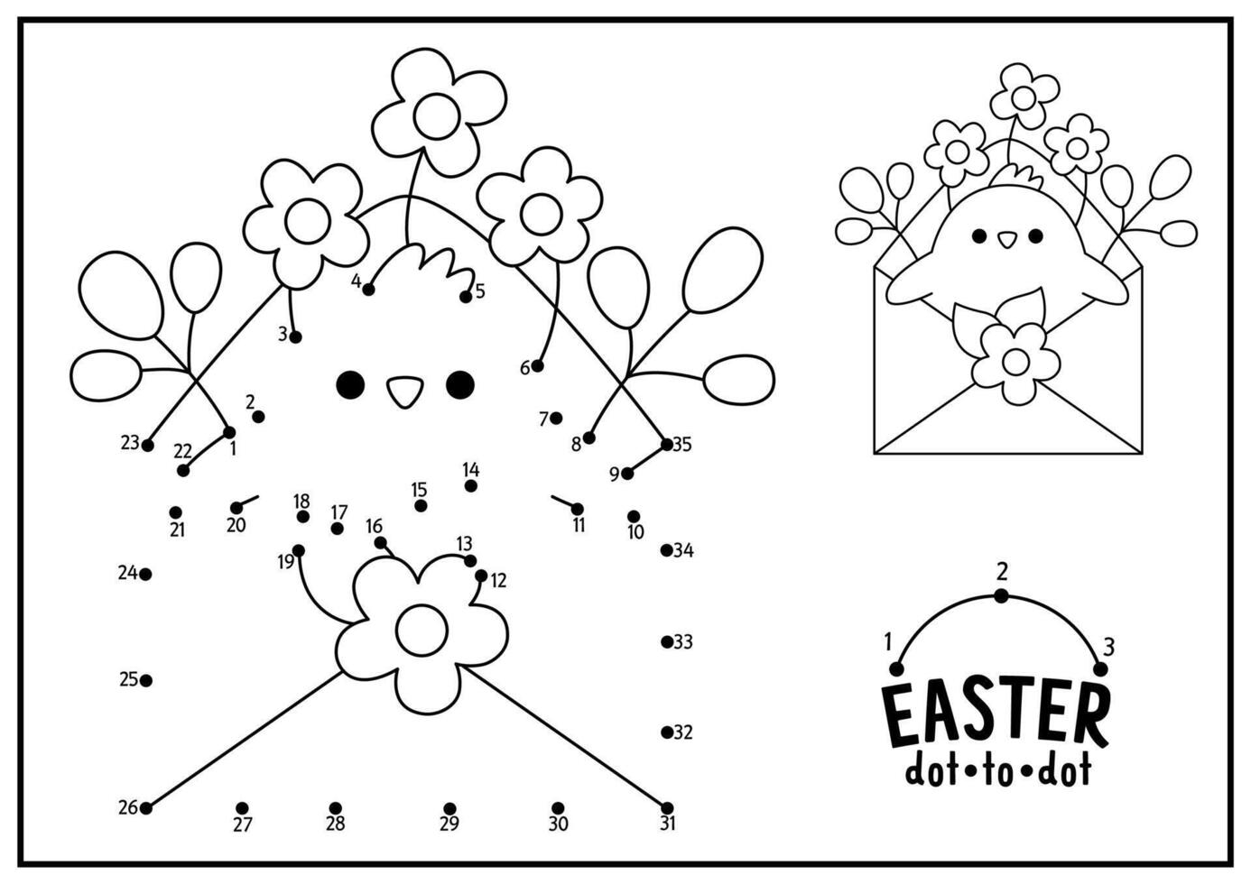 vector Pascua de Resurrección punto por punto y color actividad con linda kawaii polluelo en sobre con flores primavera fiesta conectar el puntos juego. jardín colorante página para niños. imprimible hoja de cálculo