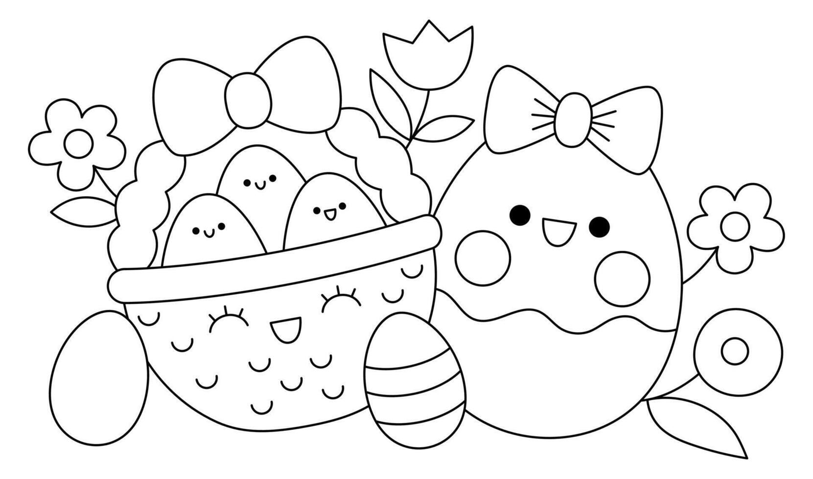 Vector black and white Easter horizontal scene with smiling egg and basket. Cute kawaii holiday composition. Spring cartoon icon. Holiday coloring page with first flowers