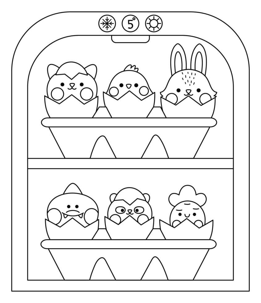 Vector black and white kawaii fridge with egg packaging and hatching animals inside. Easter illustration with cute cat, chick and bunny sitting in eggshell. Cute spring coloring page for kids