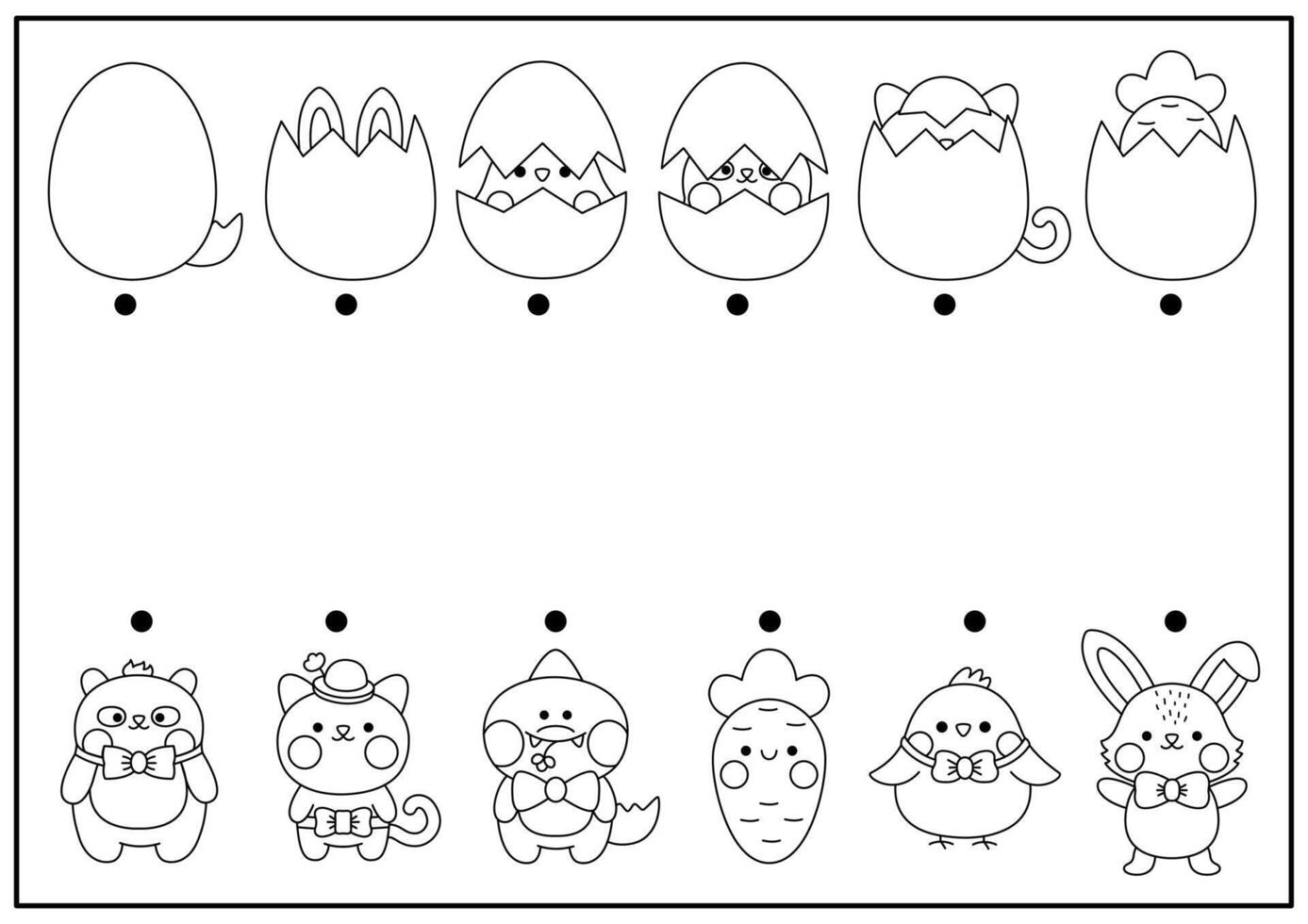 Pascua de Resurrección negro y blanco pareo actividad para niños con kawaii animales ocultación en huevos. divertido primavera fiesta rompecabezas con linda eclosión conejito, polluelo. imprimible hoja de cálculo o colorante página para niños vector