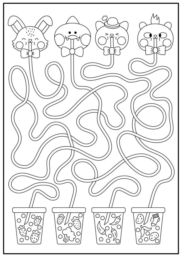 Kawaii black and white maze for kids. Preschool printable activity with cute animals drinking bubble tea with different tastes. Labyrinth game or coloring page with fancy drinks with carrot vector