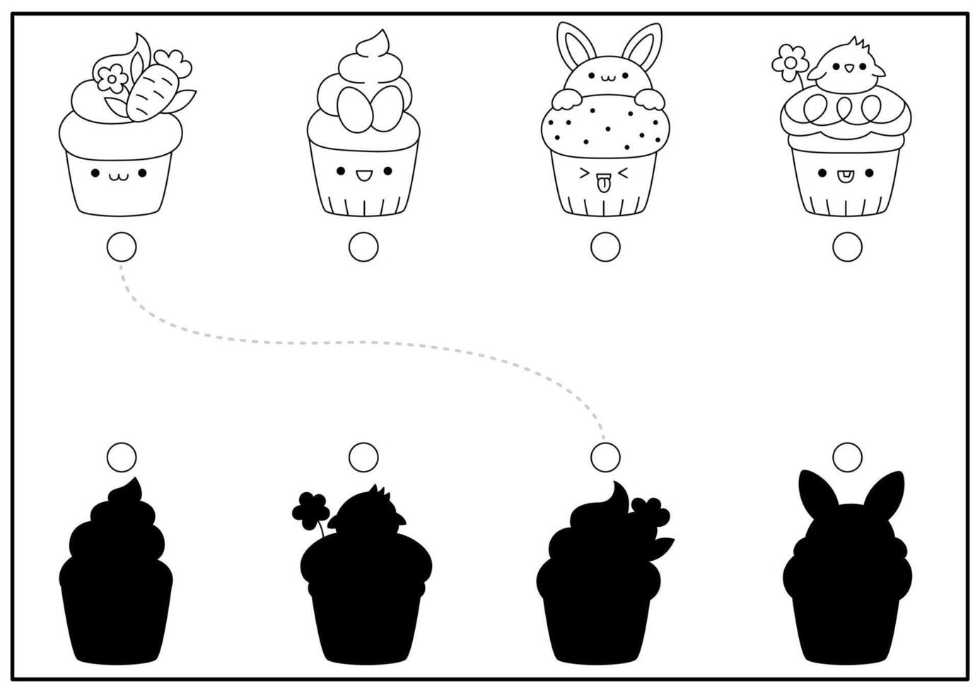 Easter black and white shadow matching activity with cupcakes. Spring holiday shape recognition puzzle with cute kawaii cakes. Find correct silhouette printable worksheet. Garden coloring page vector