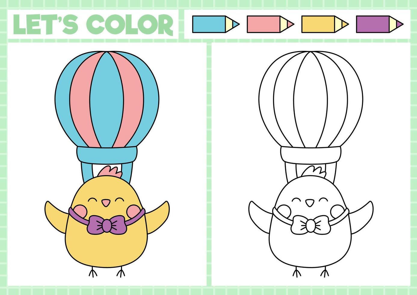 Easter coloring page for children with cute kawaii chick flying on hot air balloon. Vector spring holiday outline illustration. Color book for kids with colored example. Drawing printable worksheet