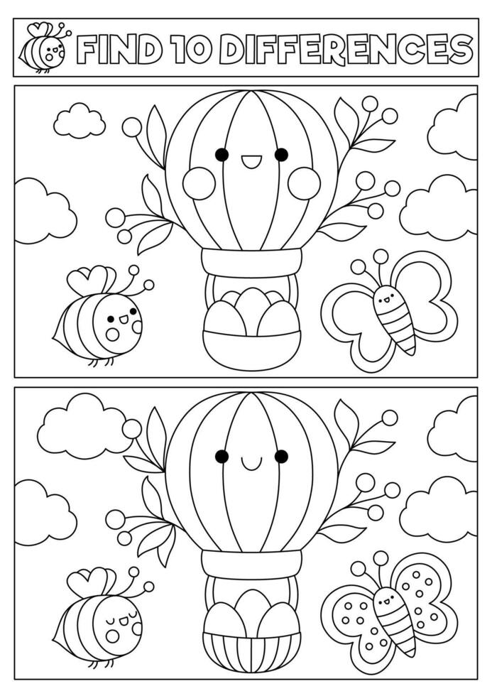 Easter black and white kawaii find differences game for children. Attention skills activity with cute hot air balloon with eggs, bees flying in the sky. Spring holiday coloring page for kids vector