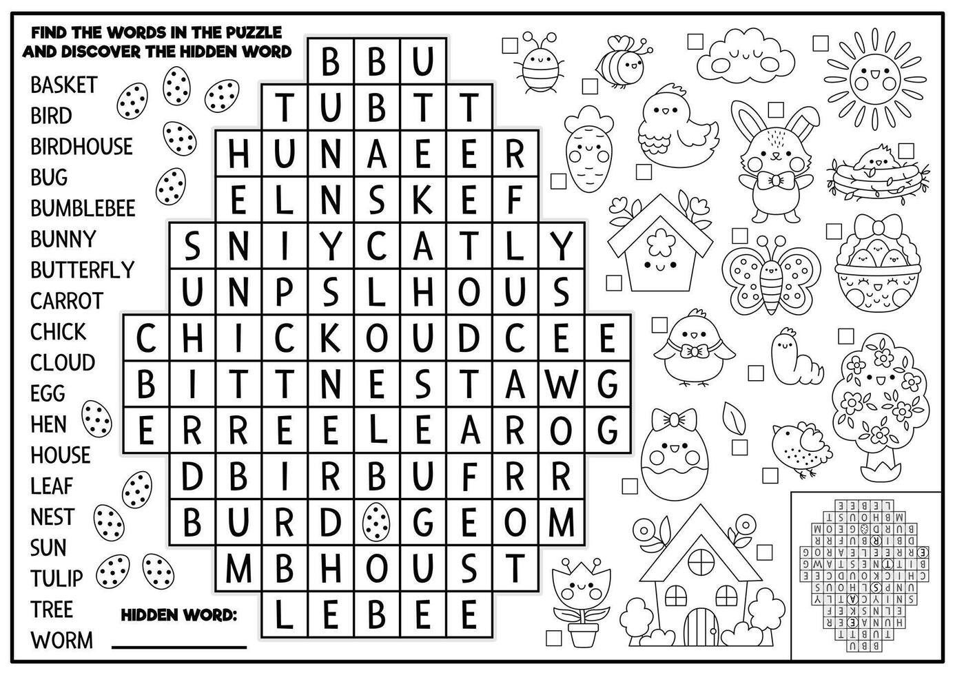 Vector black and white Easter egg shaped word search puzzle for kids. Spring holiday quiz for children. Coloring page with kawaii symbols. Cute English language cross word with bunny, chick, flower