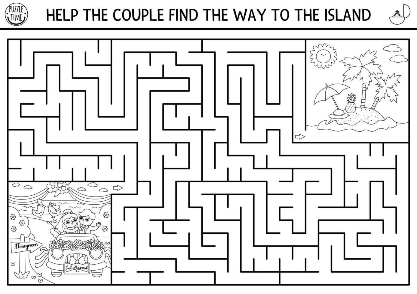 Wedding black and white maze for kids with bride and groom going to honeymoon. Marriage ceremony preschool printable activity with just married couple. Matrimonial labyrinth coloring page vector