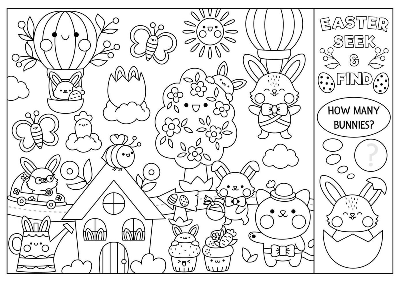 Vector black and white Easter searching game with country house and kawaii characters. Spot hidden rabbits. Simple spring holiday seek and find coloring page. Egg hunt printable activity with bunny