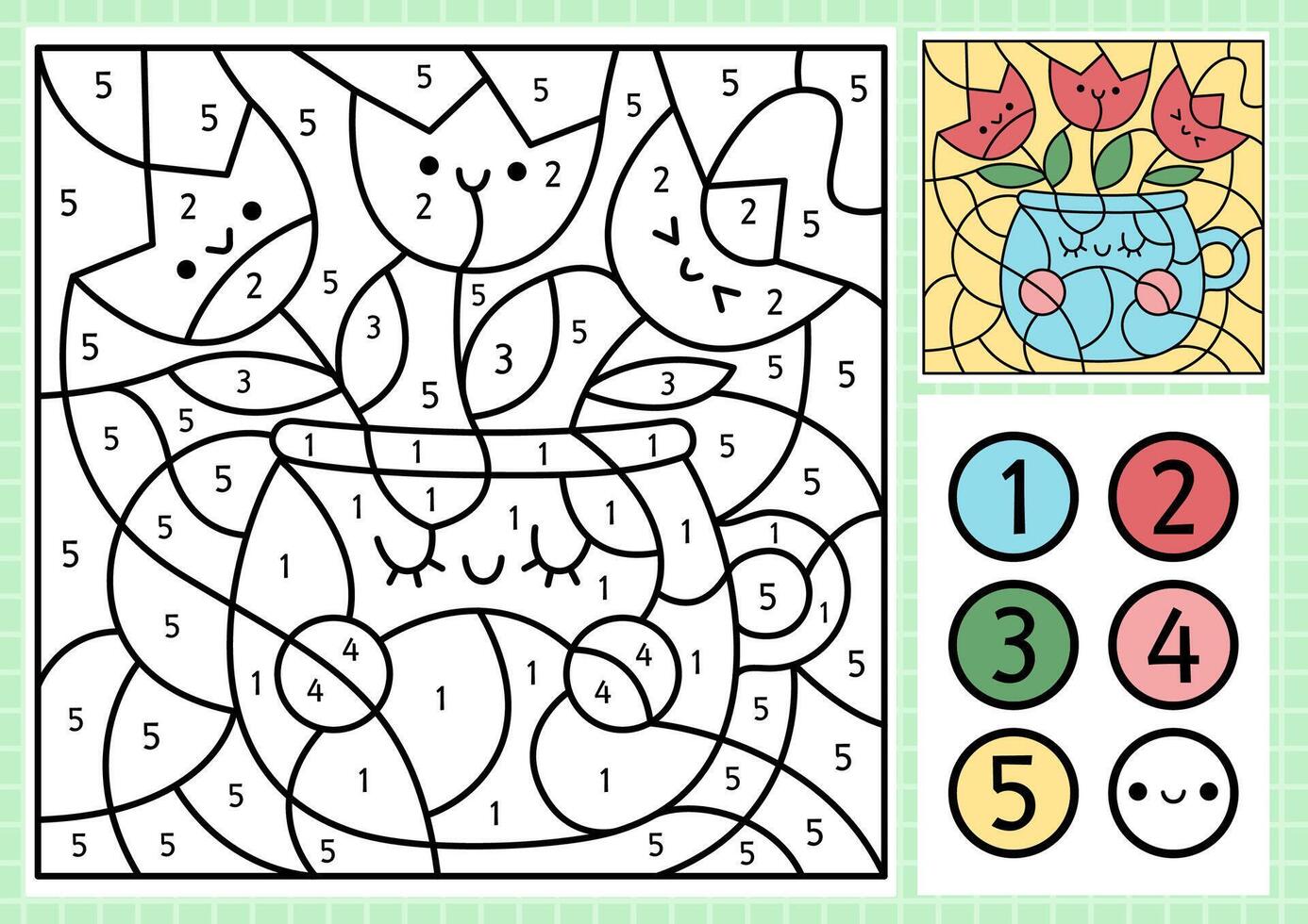 Vector spring garden color by number activity with cute vase with tulips. Easter scene. Black and white counting game with funny flowers in cup. Coloring page for kids