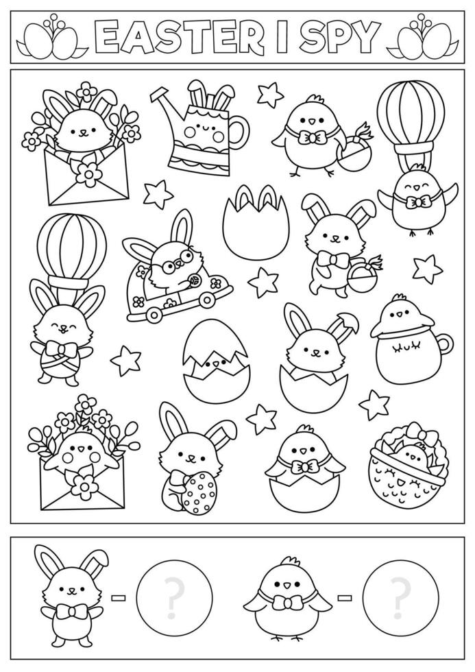 Easter black and white I spy game for kids. Searching and counting activity with cute kawaii holiday symbols. Spring printable worksheet, coloring page. Simple spotting puzzle with bunny, chick vector