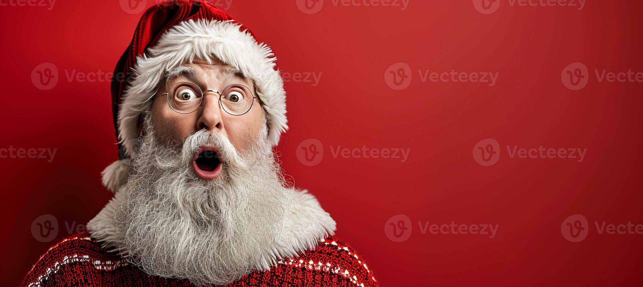 AI generated Startled santa claus with a shocked expression on a red background, perfect for text placement photo
