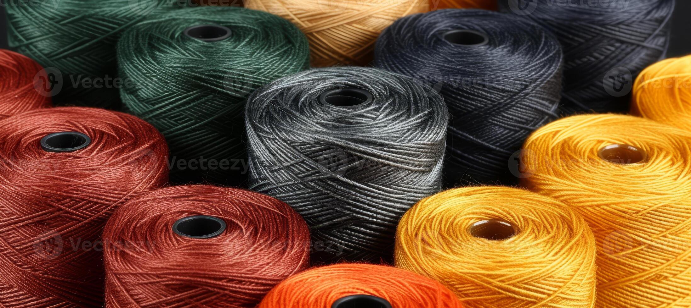 AI generated Colorful cotton threads on tailor textile fabric background with sewing supplies and tools photo