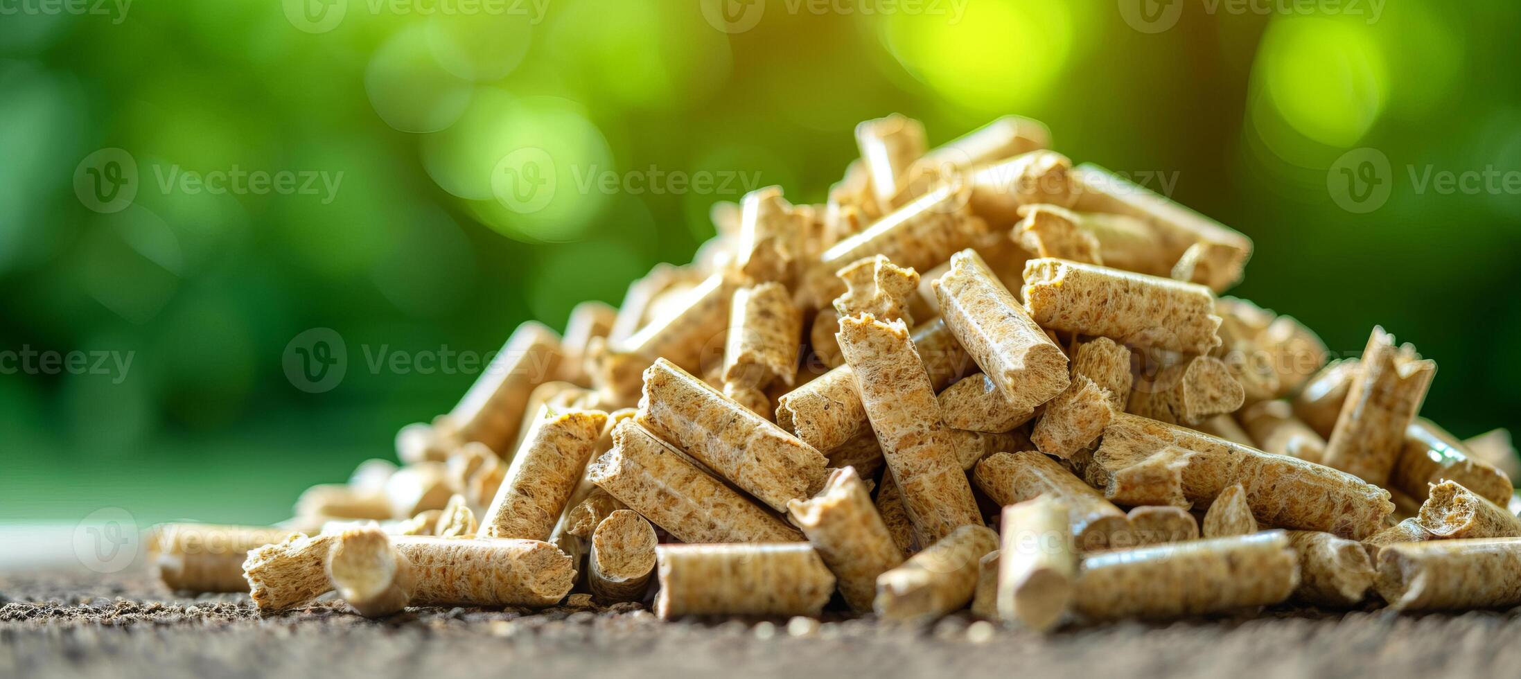 AI generated Stack of biomass wood pellets pile and woodpile on blurred background with copy space photo