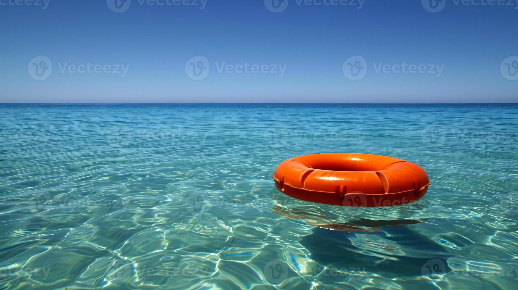 AI generated Lifebuoy floating on calm open sea water surface with copy space for safety and rescue concepts photo