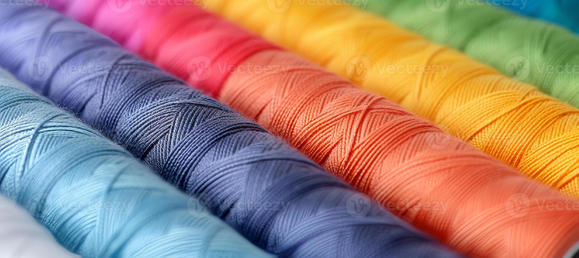 AI generated Colorful cotton threads on tailor textile fabric background with assorted threads and spools photo