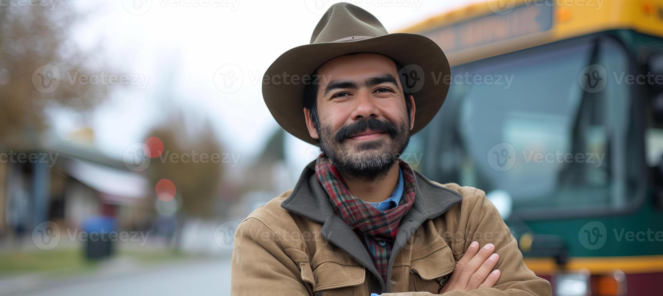 AI generated Confident bearded bus driver standing in front of bus, arms crossed, smiling at camera photo