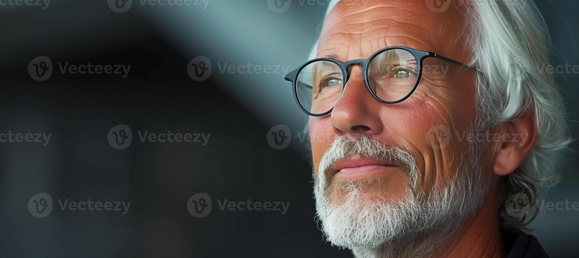 AI generated Confident middle aged businessman with glasses in office setting, grey hair, copy space for text photo