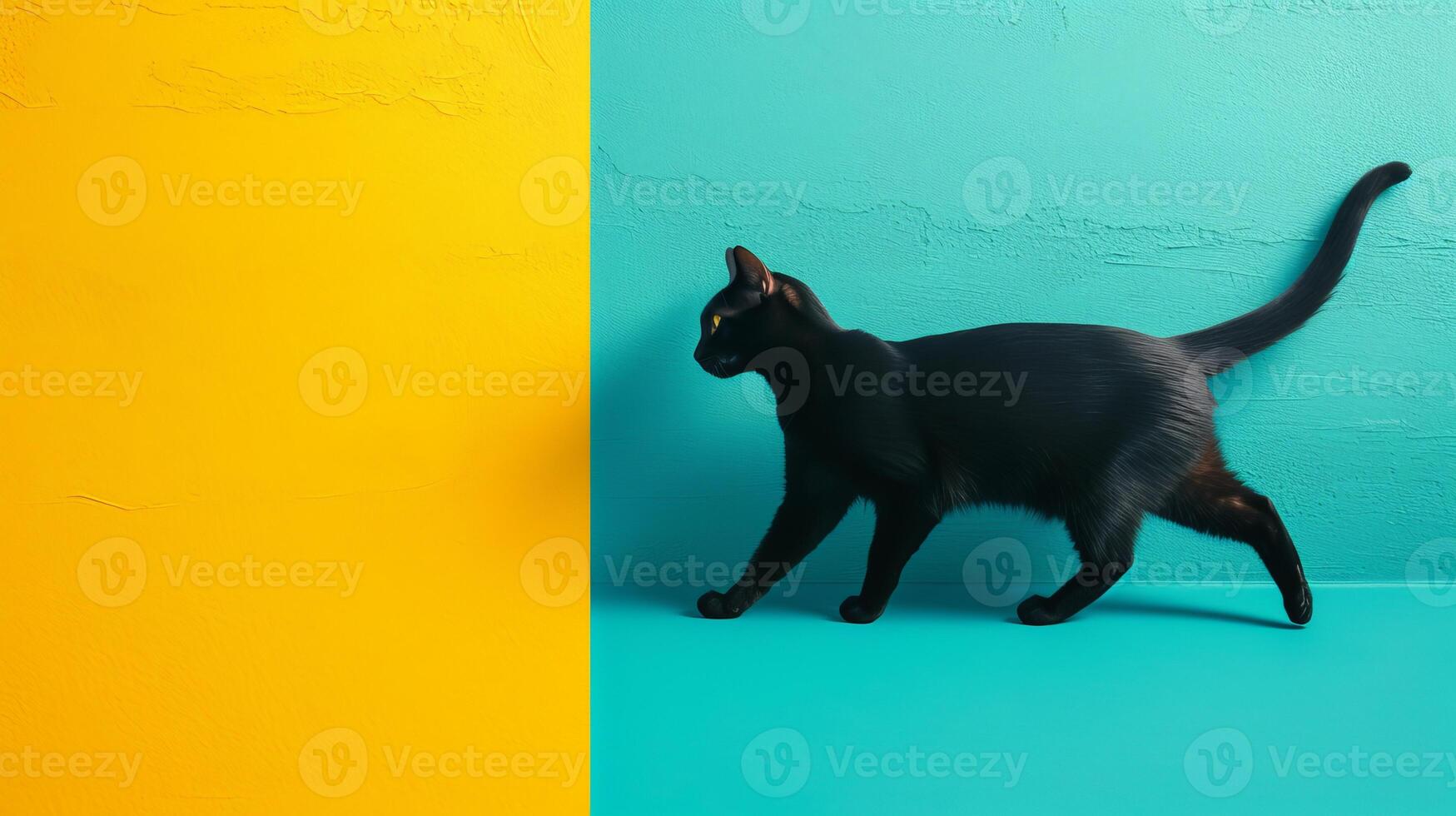AI generated Fluffy cat walking on pastel background in studio shot with copy space on left side photo