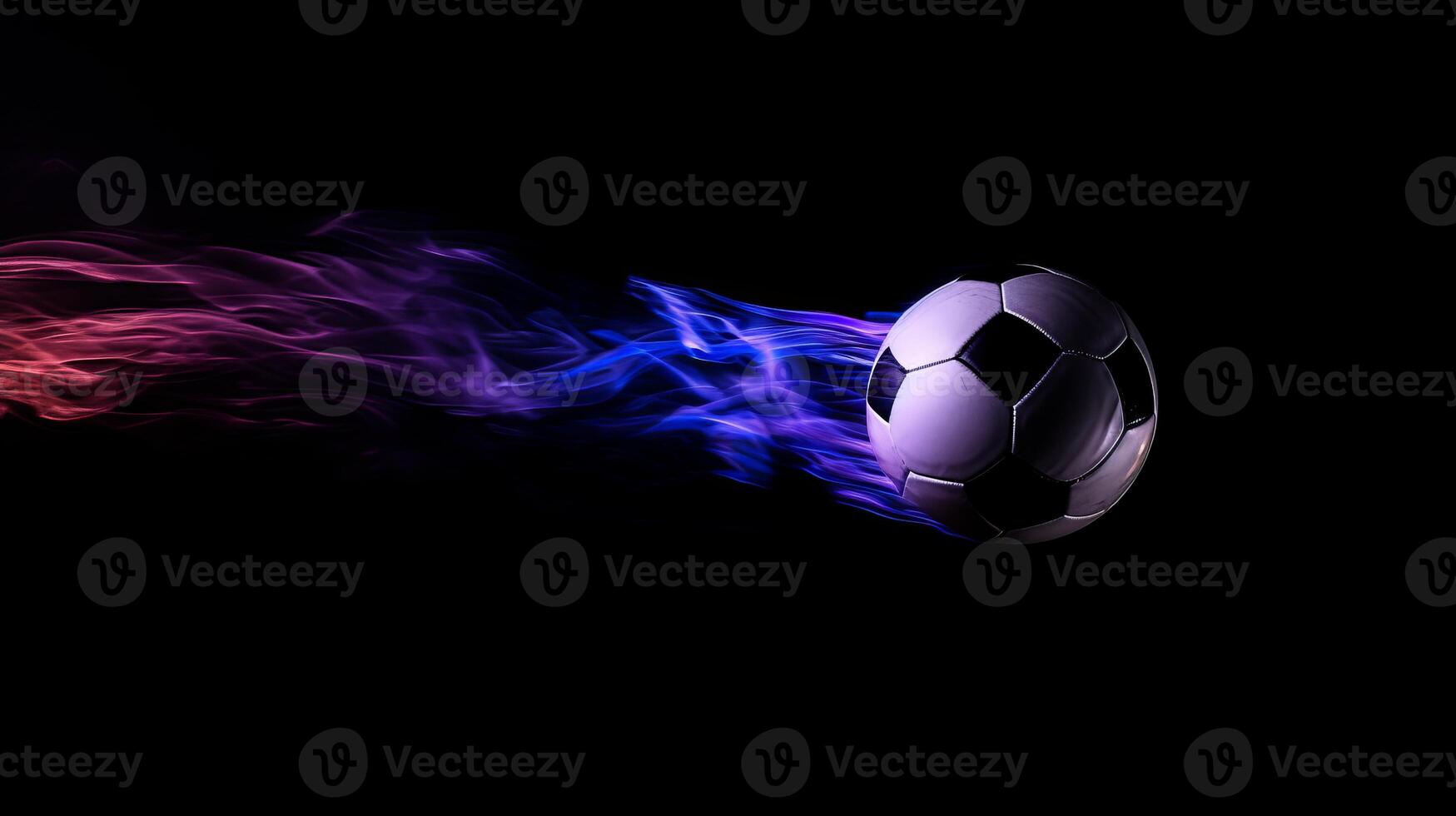 AI generated Colorful smoke burst as soccer ball emerges on black background, perfect for dynamic sports concept. photo