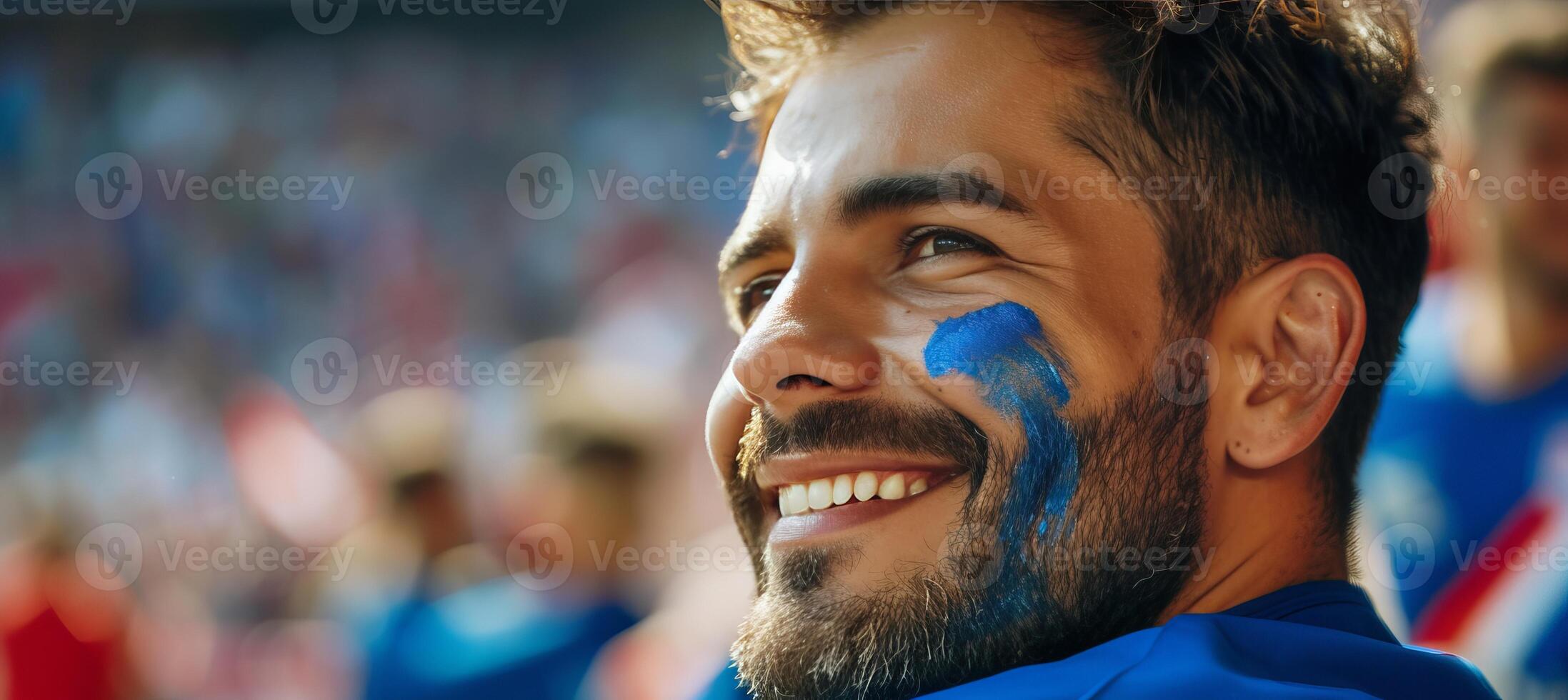 ai generado americano hombre con Estados Unidos bandera cara pintar a fútbol americano juego, borroso estadio antecedentes con Copiar espacio foto