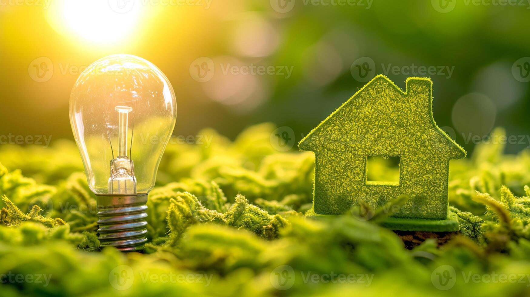 AI generated Eco friendly small house model with light bulb  real estate idea, green electricity, and eco design photo