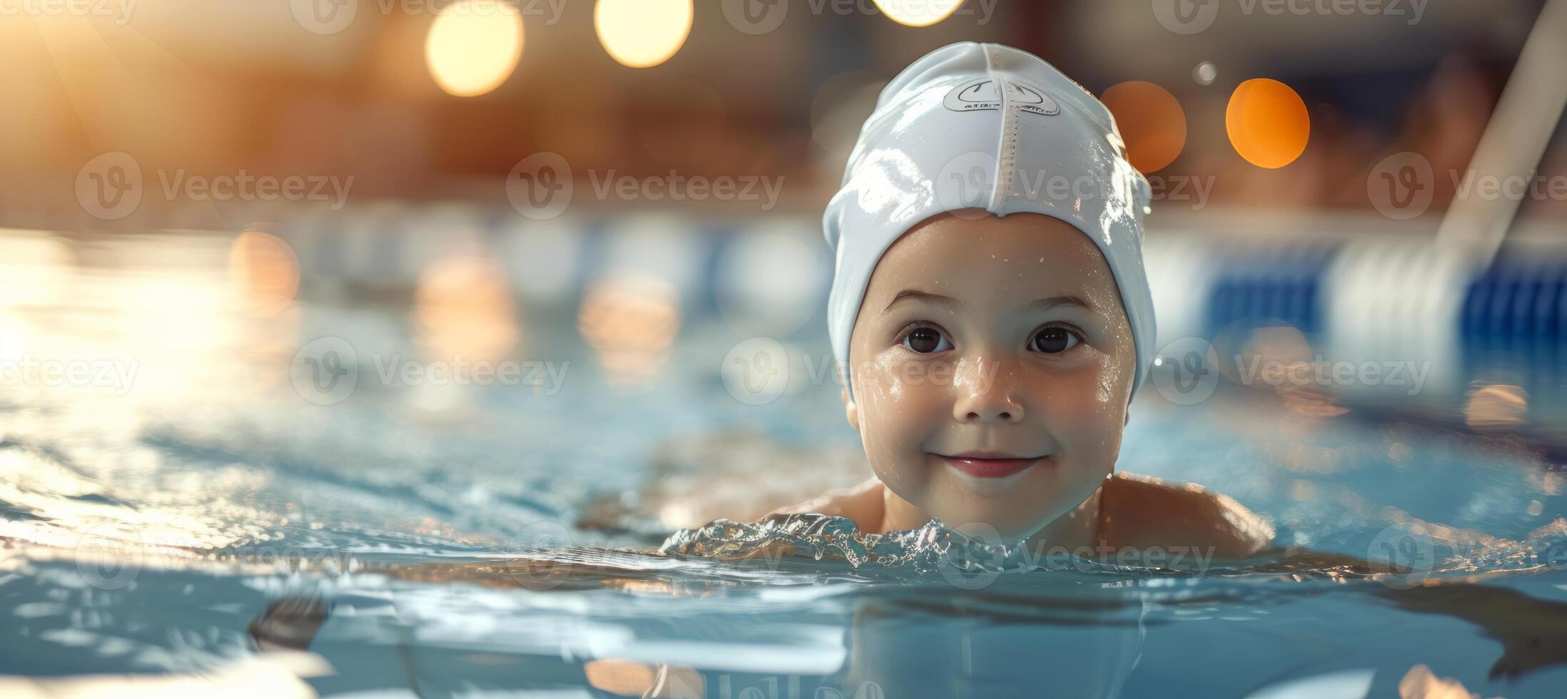 AI generated Close up shot of young boy swimmer enjoying in the swimming pool with copy space for text placement photo