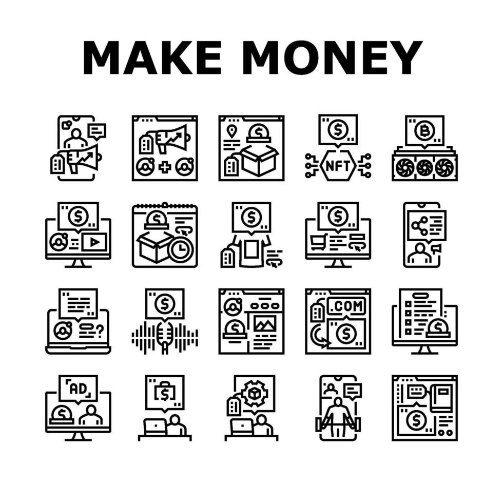 hacer dinero Internet dinero en línea íconos conjunto vector