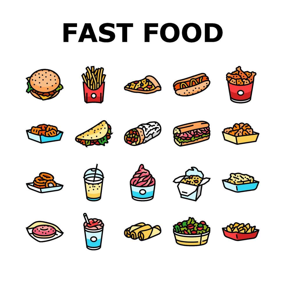 fast food burger hamburger pizza icons set vector