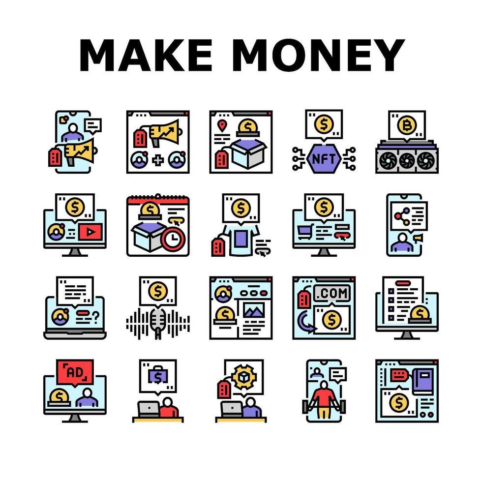 make money internet money online icons set vector