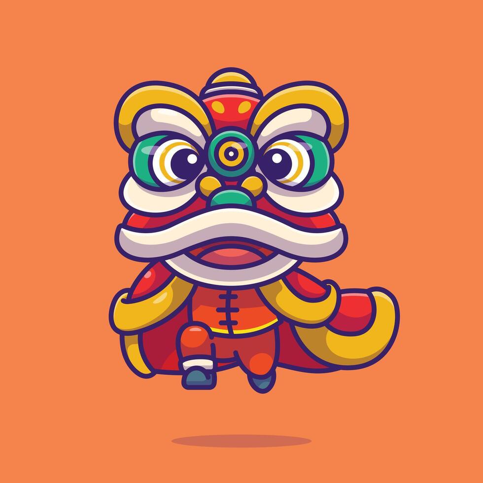 Cute  green  lion dance cartoon vector illustration chinese lunar new year concept icon isolated