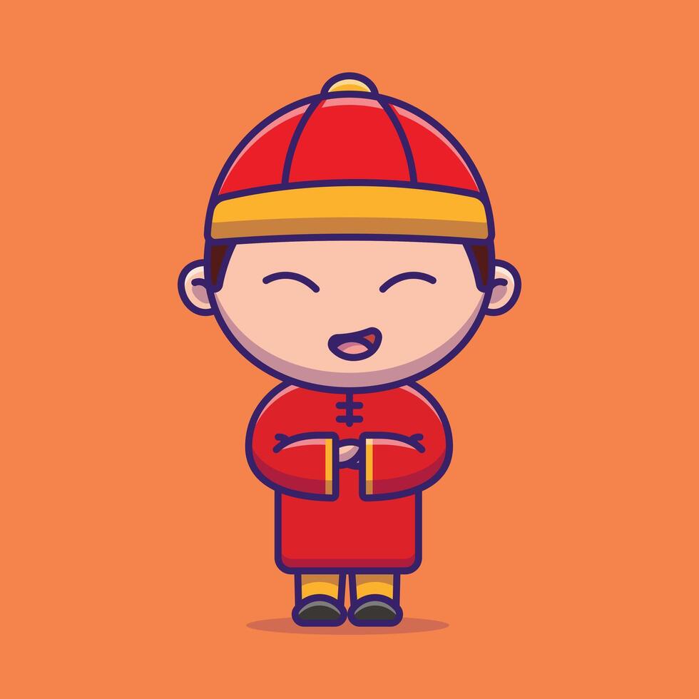 Cute boy greeting chinese new year cartoon vector illustration chinese lunar new year concept icon isolated