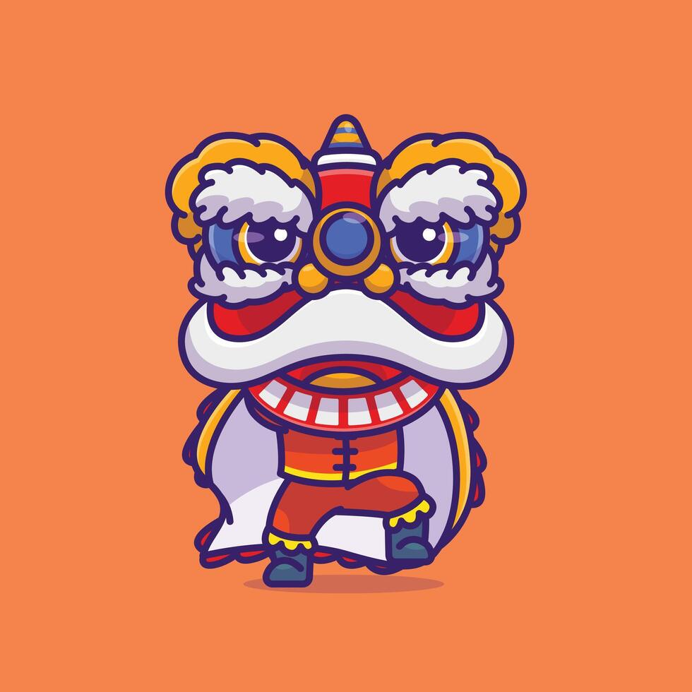 Cute blue lion dance cartoon vector illustration chinese lunar new year concept icon isolated