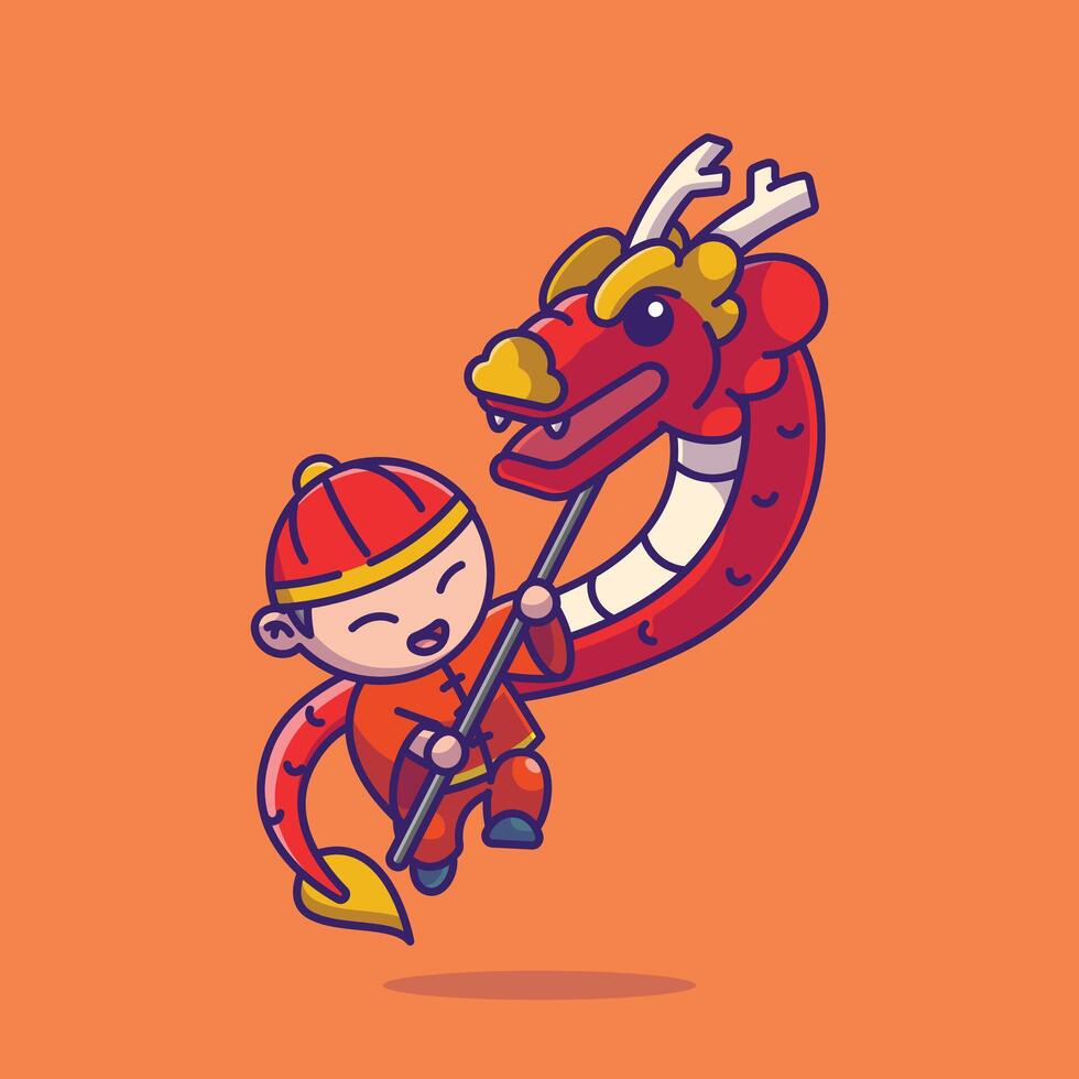 Cute chinese dragon dance cartoon vector illustration chinese lunar new year concept icon isolated