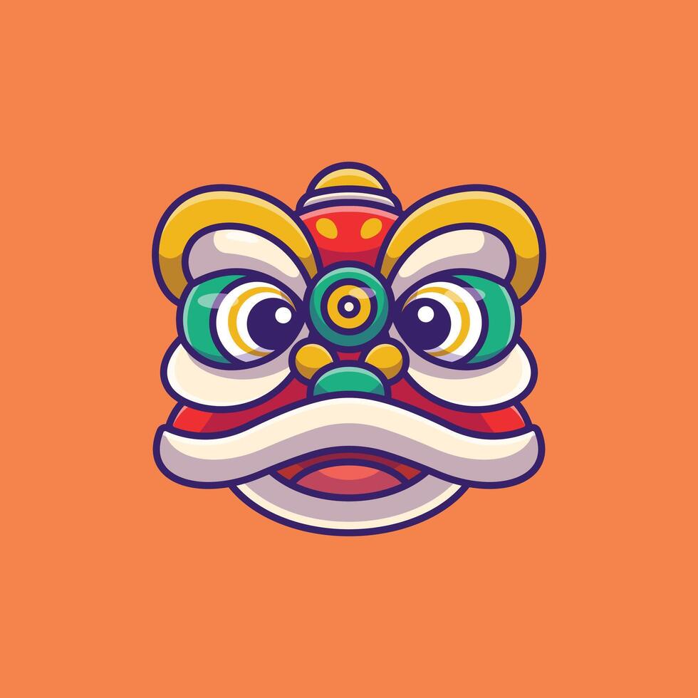 Cute avatar green lion dance head cartoon vector illustration chinese lunar new year concept icon isolated
