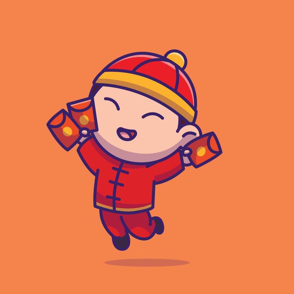 Cute chinese boy with money envelope angpao cartoon vector illustration chinese lunar new year concept icon isolated