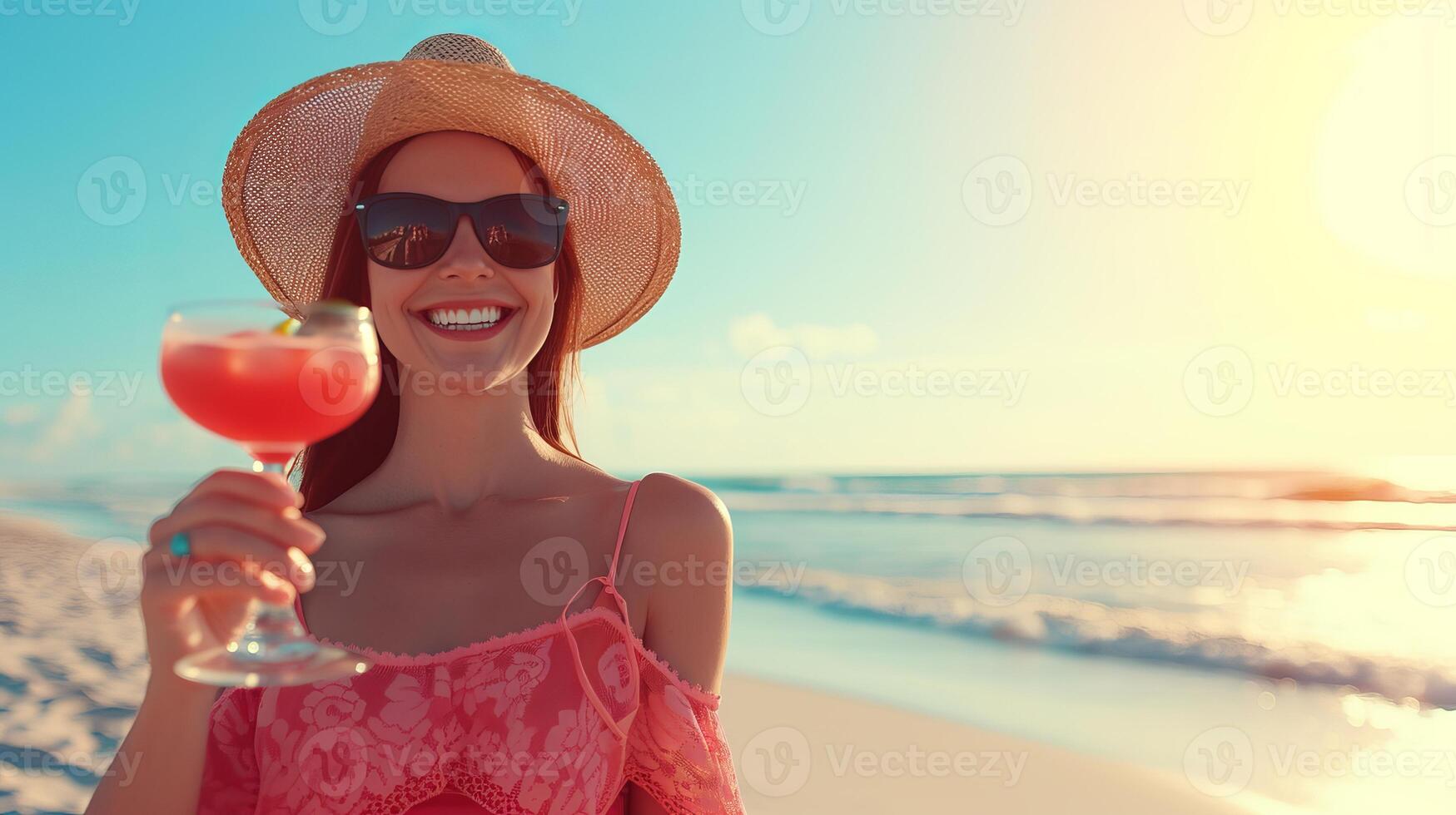 AI generated Attractive woman enjoying margarita cocktail on tropical beach in sunny summer day with copy space photo