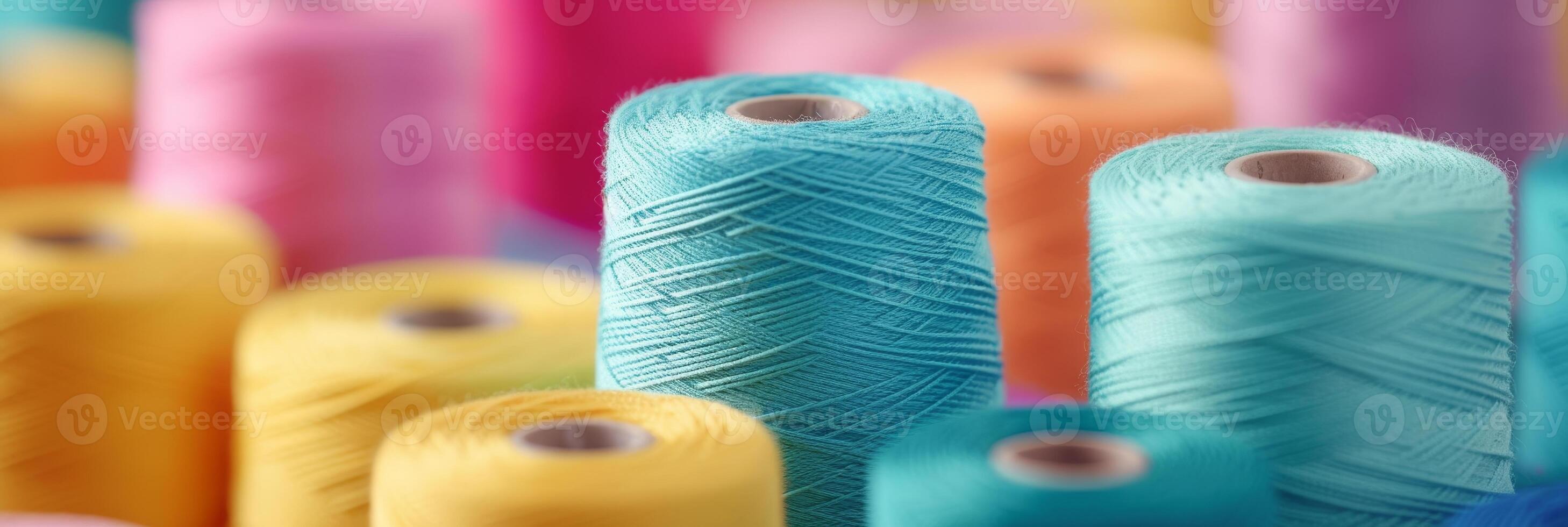AI generated Colorful cotton threads on tailor textile fabric background with thread spools and needles photo